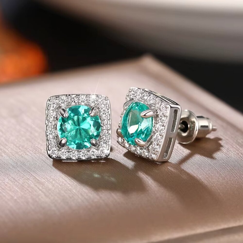 18k White Gold Aquamarine Diamond Earrings Turquoise Gemstone Earrings